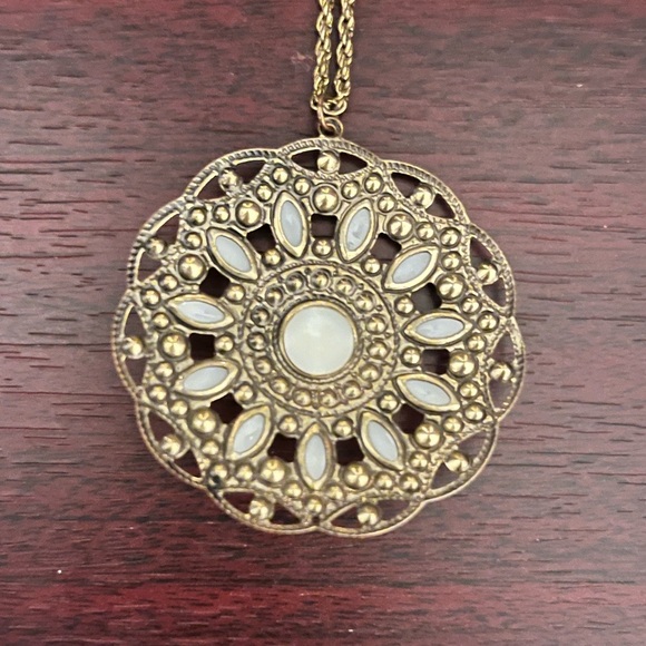 Ornate Antique Gold/Brass Necklace w/ Pearl Accents - Picture 8 of 10